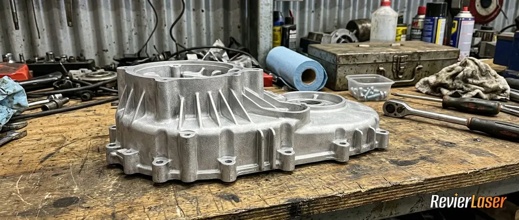 Aluminium-Getriebedeckel nach der Laserreinigung: blankes Metall, Kühlrippen sauber statt verölt
