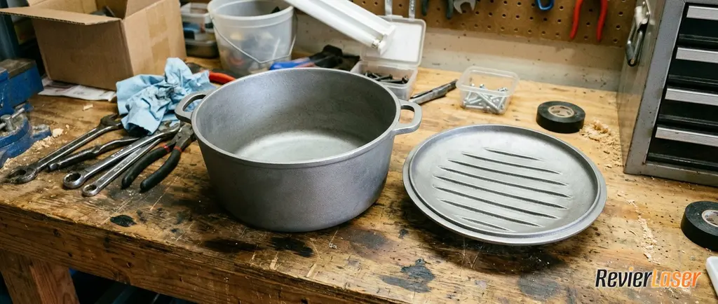 Gusseiserner Dutch Oven mit Deckel nach dem Entrosten: blankes graues Gusseisen statt dicker Rostkruste