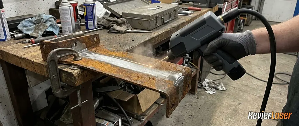 Laserreinigung in Aktion: der Strahl löst Rost von einem Stahlteil, dahinter kommt blankes Metall zum Vorschein