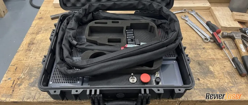 Unser Laserreiniger im geöffneten Transportkoffer auf der Werkbank: Bedienpanel mit Kippschalter und rotem Not-Halt, daneben die aufgerollte Nabelschnur zum Handstück