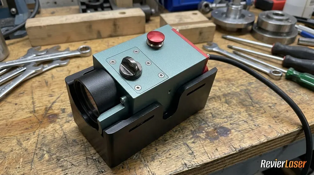 Das Handstück unseres Laserreinigers auf der Werkbank: der rote STOP-Taster sitzt oben auf dem Gehäuse, direkt über der Optik