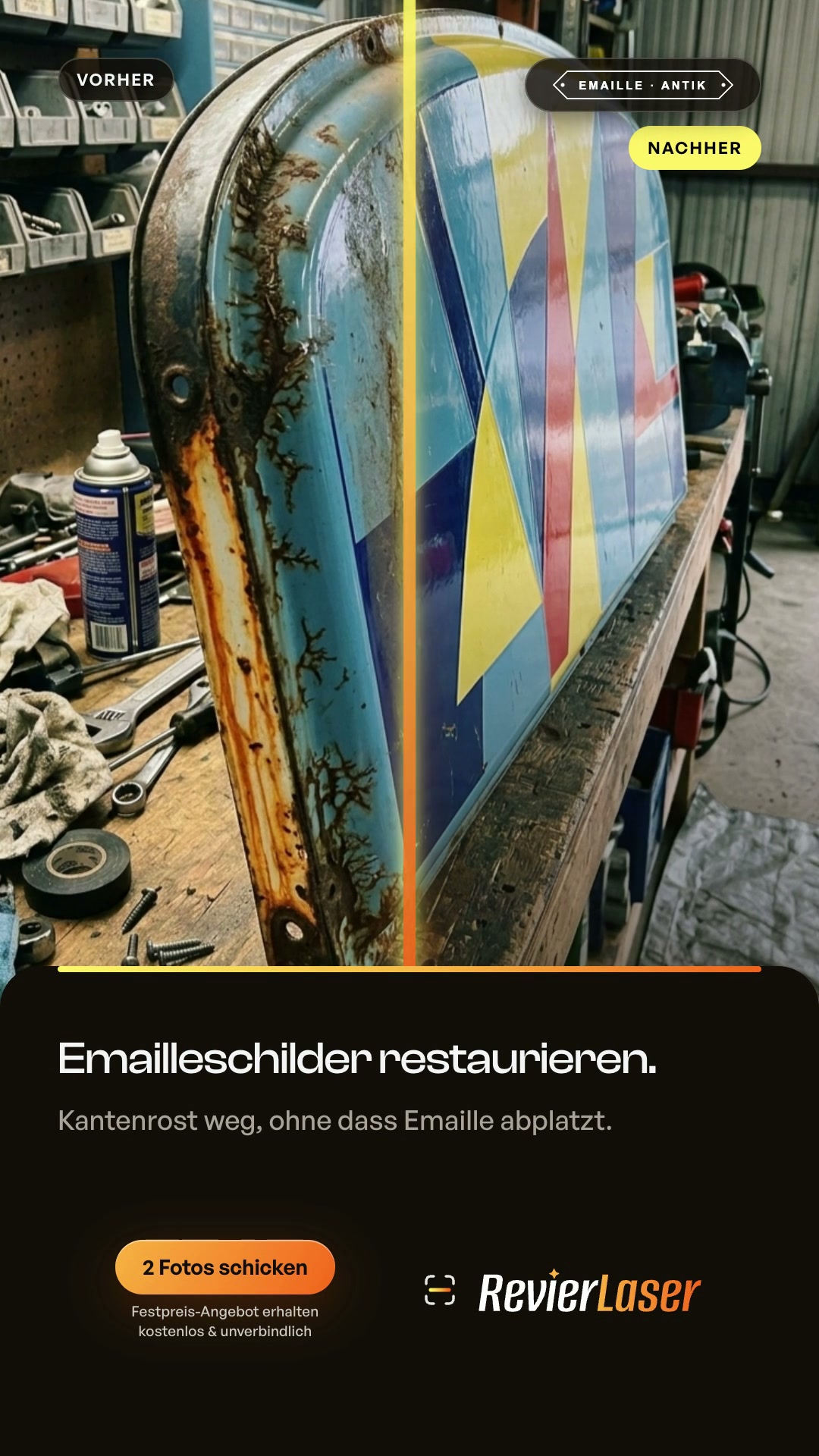 Historisches Emaille-Reklameschild (Split-Ad)